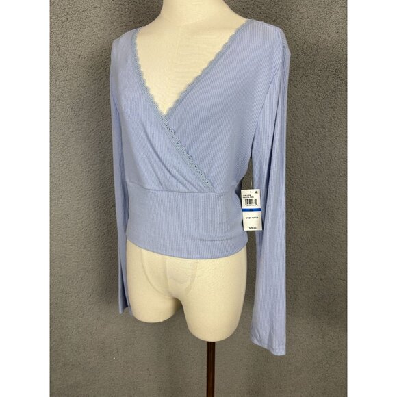 Sugar Moon Juniors' Cozy Ribbed Wrap Top Delicate Lace Trim Blue Extra Large NWT - Picture 4 of 8
